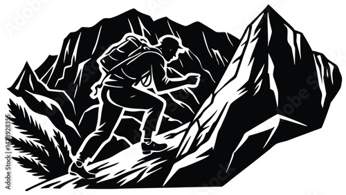 Mountain climber silhouette with backpack hiking a cliffside trail adventure concept