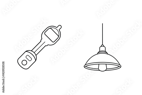 Minimalist Line Art Illustration Featuring Bottle Opener And Hanging Lamp Design