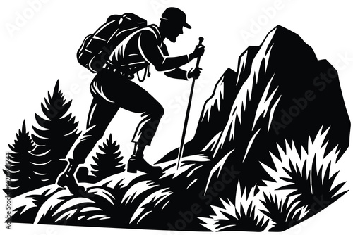 Silhouette illustration of hiker climbing mountain with backpack and hiking pole