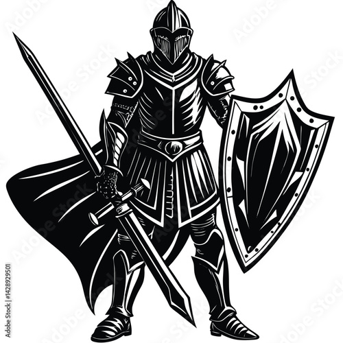 Black and white vector illustration of a medieval knight with sword and shield