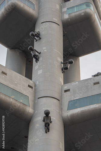 The close-up view of the Prague TV tower from below