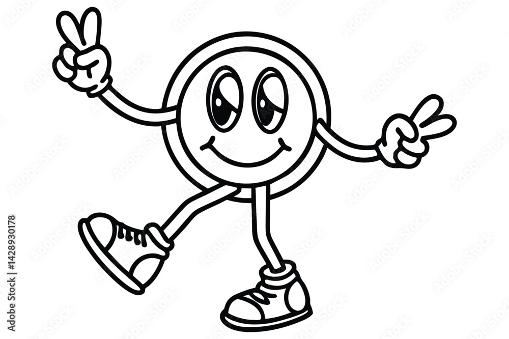 Obraz premium Simple line art peace sign character with dancing legs and retro shoes