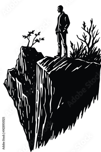 Man on cliff edge silhouette vector graphic looking outward in thoughtful pose