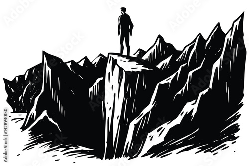 Silhouette man standing on cliff edge facing mountains black and white