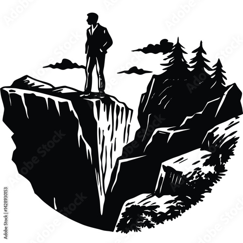 Silhouette of a man on cliff edge vector illustration with forest and clouds