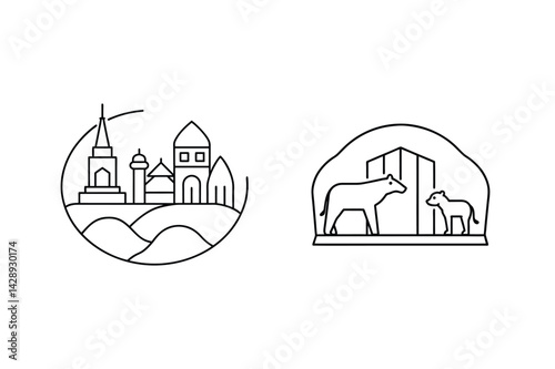 Linear Art Design Of A Mosque On A Hill And Two Animals In The Zoo