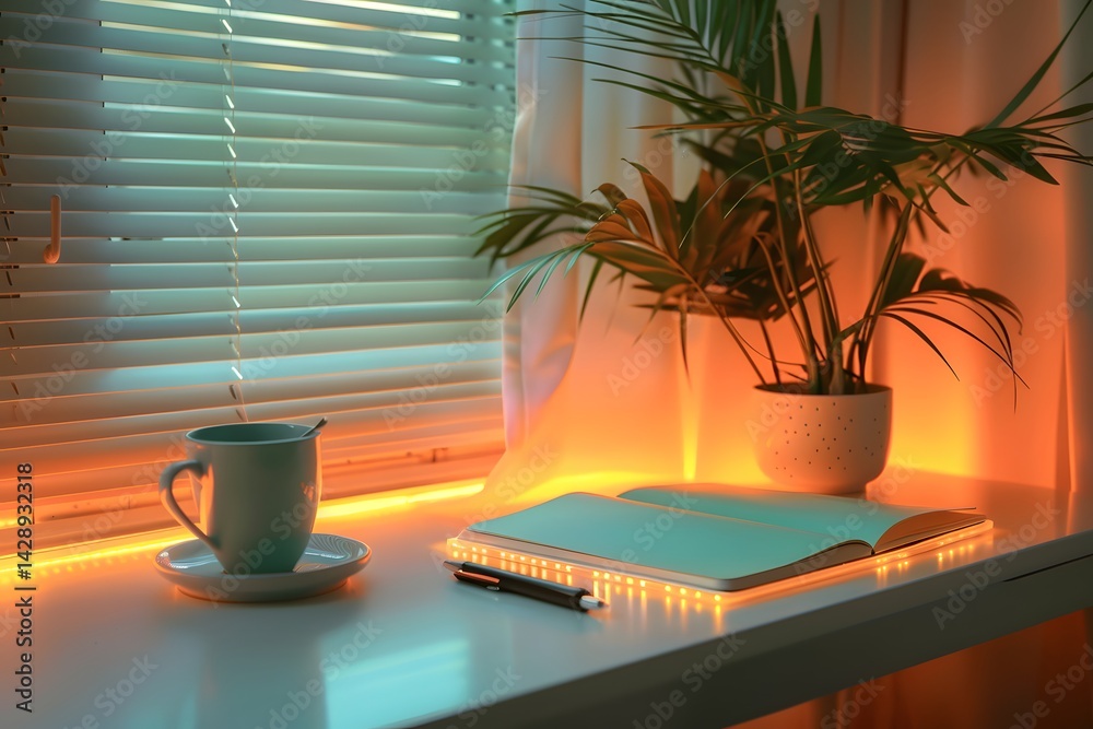 Cozy Reading Nook: A teal notebook rests open on a windowsill bathed in warm, ambient light, accompanied by a cup of tea and a potted plant, creating a serene and inviting atmosphere. Cozy Reading Nook: A teal notebook rests open on a windowsill bathed in warm, ambient light, accompanied by a cup of tea and a potted plant, creating a serene and inviting atmosphere.