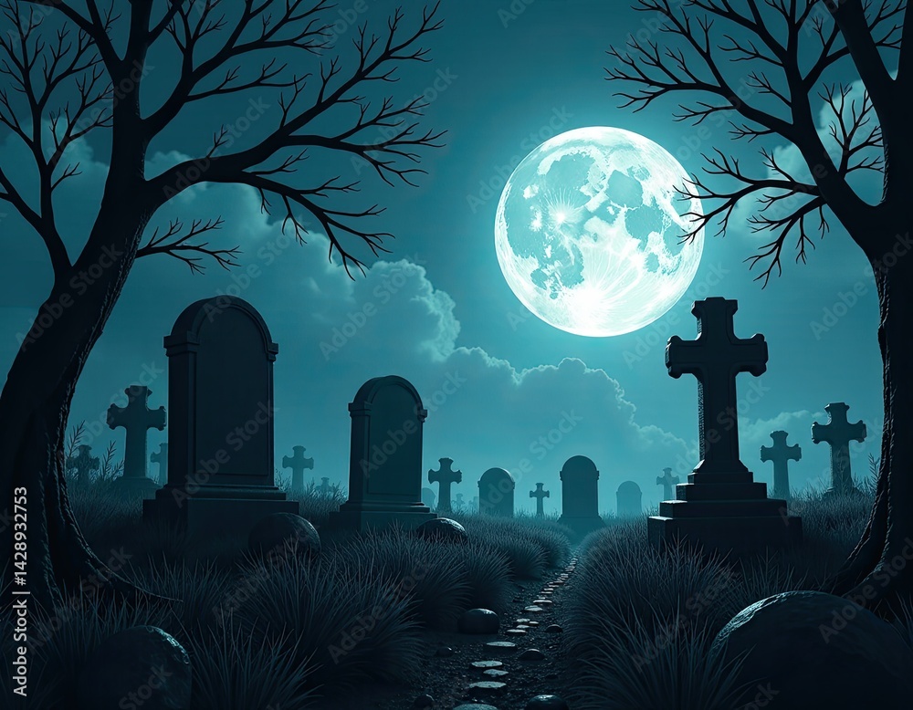 Spooky Cemetery at Night with Full Moon