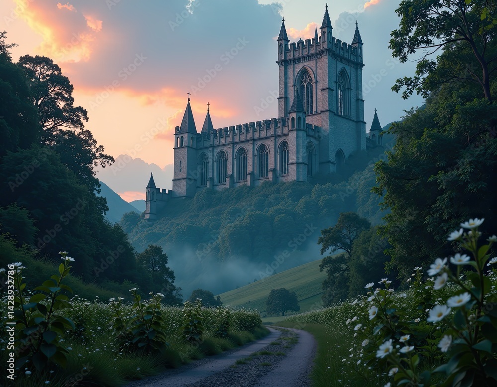 Majestic Castle on Hillside at Sunset