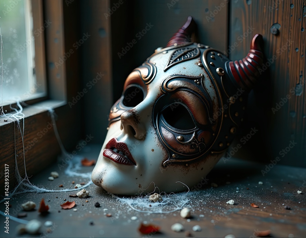 Intricate Venetian Mask with Horns Resting on Dusty Surface