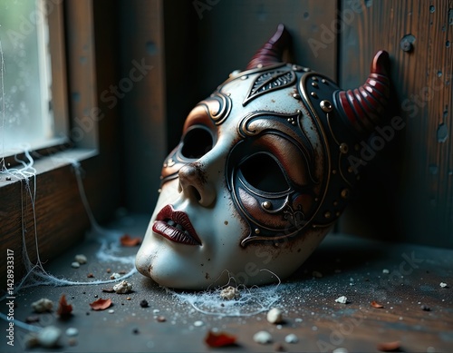 Obraz na płótnie Intricate Venetian Mask with Horns Resting on Dusty Surface w salonie