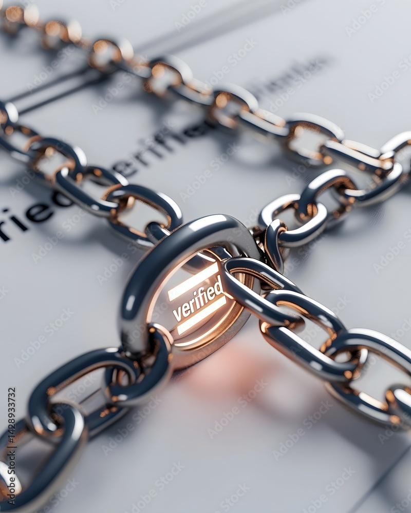 Fototapeta premium Linked Proof: An intimate close-up showcases a forged chain linking to verify documents, emphasizing the theme of secure and trusted verification, security, and dependability.