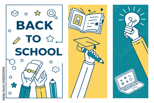 Back to School Concept with Education Icons and Hands Holding School Supplies