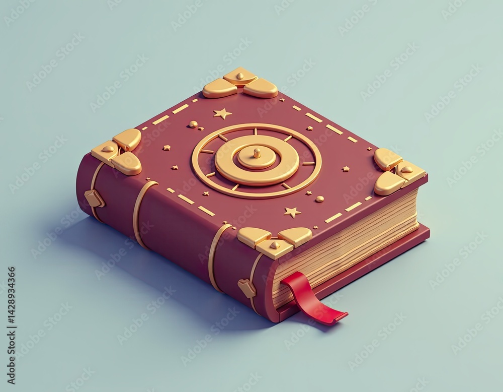 Magical Book 3D Render Fantasy Journal with Gold Accents and Red Cover