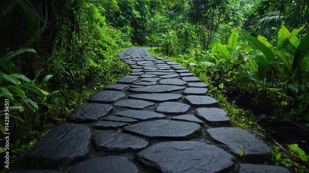 Fototapeta premium Ancient stone pathway winding through a rainforest, leading to a lost waterfall sanctuary