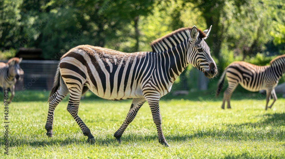 Naklejka premium Zebra strolling in grassy field at the zoo, other zebras in the background