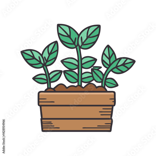Plants in a wooden planter box illustration