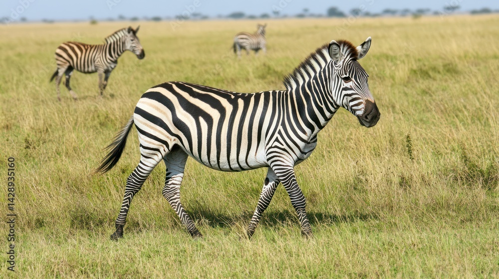 Naklejka premium Zebras graze peacefully in a grassland. Wildlife, travel and nature photography