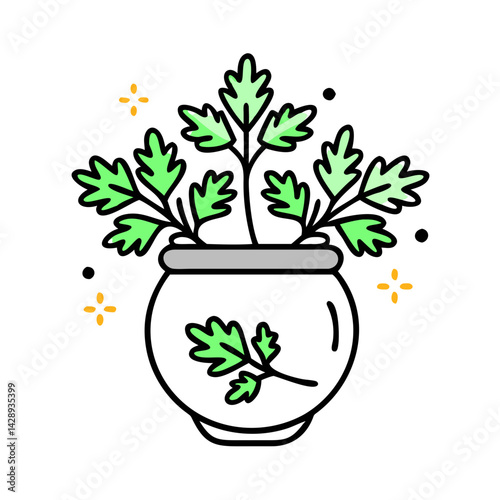 Magic cauldron icon with leaves and sparkling lights