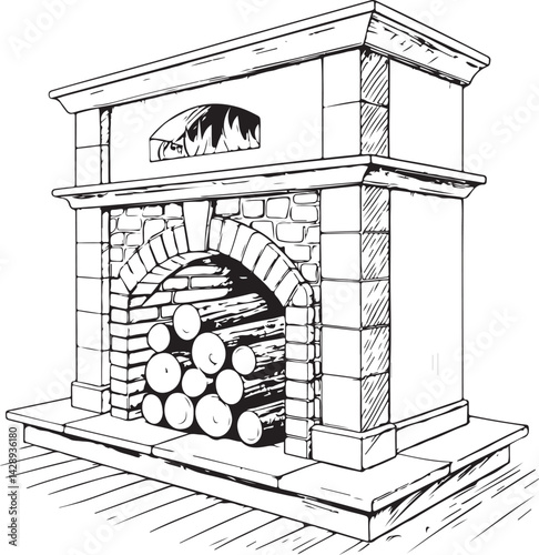 Fire Place, Wood Logs, Black and White Vector Illustration, Sketch Drawing Line Linear Symbol Icon Engraving, Hand-drawn Isolated