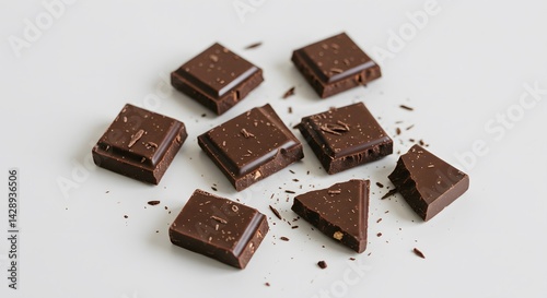 AI image showing several squares and broken pieces of milk chocolate with crumbs scattered on a plain white surface