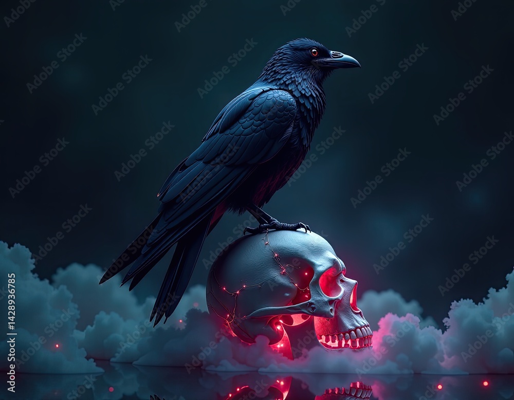 Raven Perched on Glowing Skull - Dark Fantasy Art