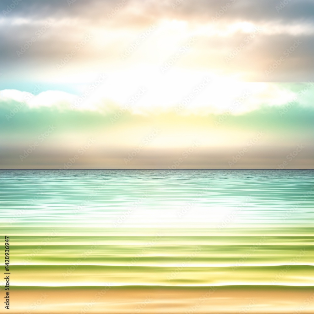 Serene seascape at sunrise over calm waters and sandy beach