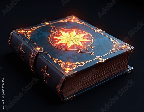 Mystical Illuminated Book - Fantasy Grimoire with Glowing Star Compass