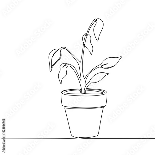 Minimalistic continuous line drawing of wilting plant on white background
