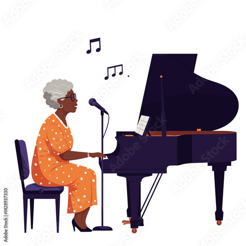 Elderly woman singing joyfully at a piano with music notes  