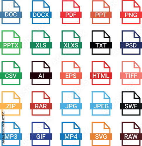 Color Coded Popular Digital File Formats or Vector File Type Collection Featuring DOC, PDF, DOCX, PPT, PPTX, XLS, XLSX, TXT, CSV, ISO, RTF, HTML, JPEG, PNG, GIF, MP3, MP4, ZIP, RAR, EXE