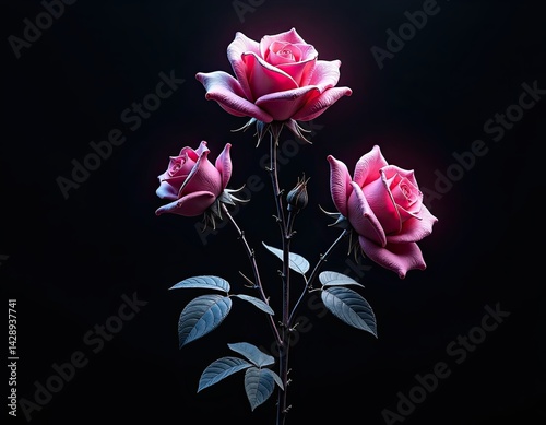 Obraz na płótnie Three Pink Roses on Black Background w salonie
