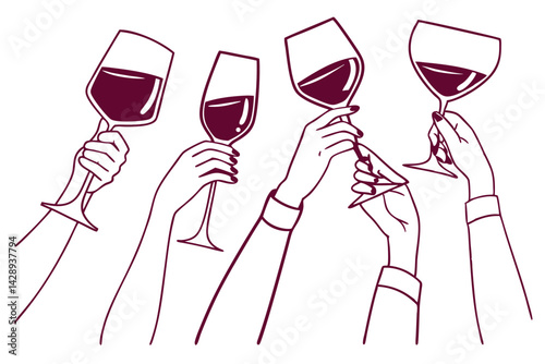 Elegant line art illustration of hands holding red wine glasses, celebrating, cheers.