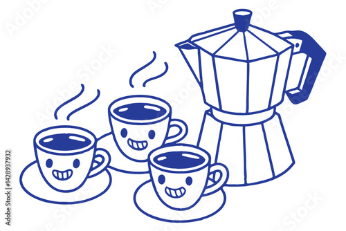 Stylized Coffee Maker and Three Smiling Cups of Coffee Illustration in Blue