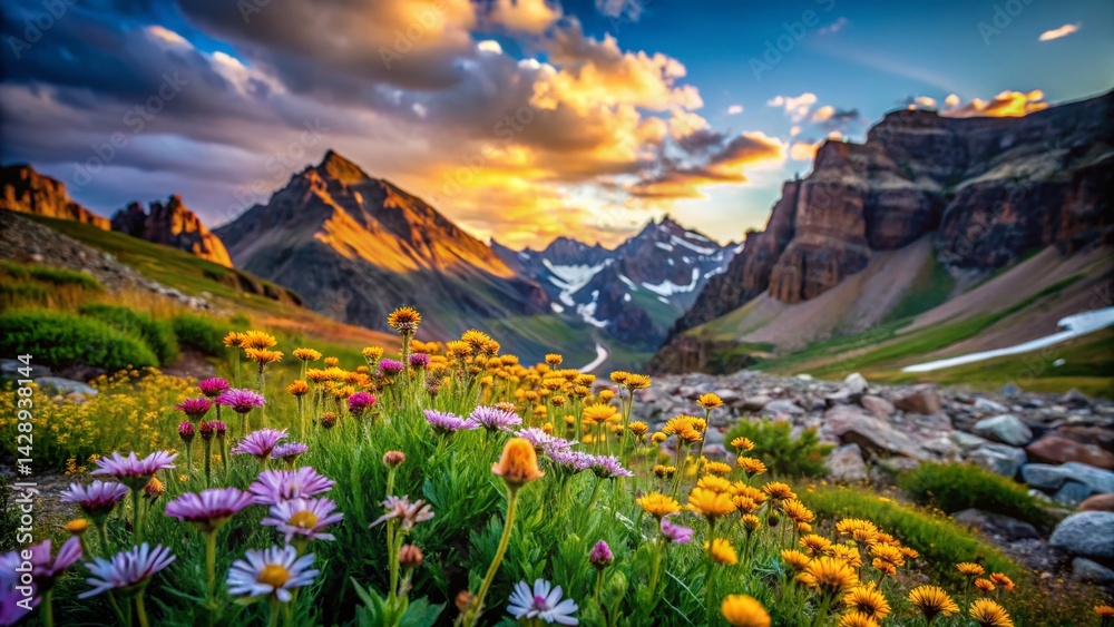 Fototapeta premium Delicate Contrasting Beauty: Serene Landscape with Vivid Wildflowers