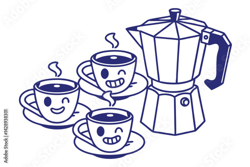 Moka pot coffee maker with smiling cups in outline doodle style illustration.