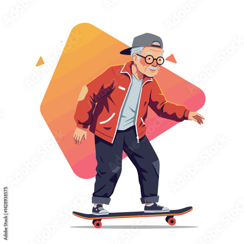 Elderly man skateboarding joyfully against a vibrant backdrop  