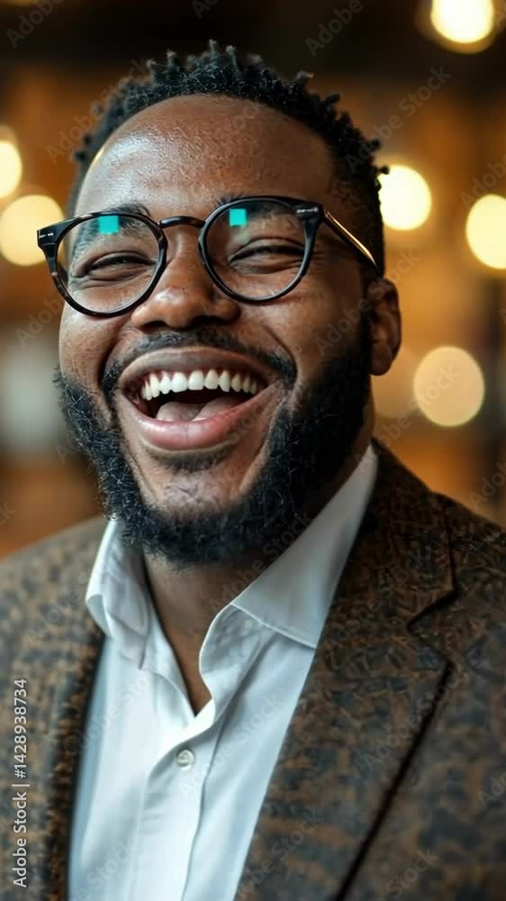 Man enjoys joyful moment at a cozy café setting during the evening with warm lighting Man enjoys joyful moment at a cozy café setting during the evening with warm lighting