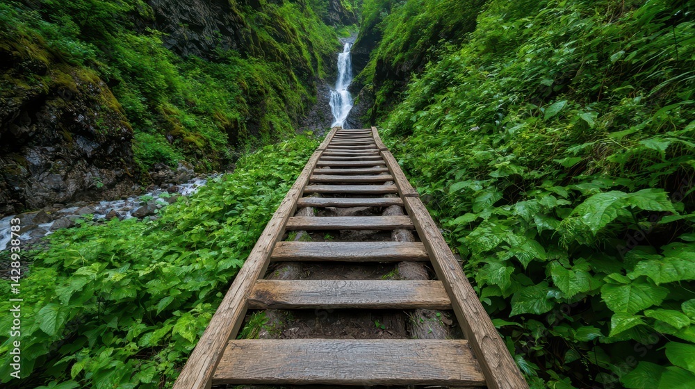 Fototapeta premium Wooden stairs descending toward a waterfall, inviting hikers into a lush and secret paradise