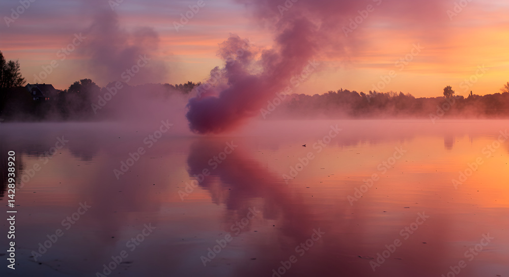 Obraz premium Ethereal Dawn Reflections Pink Smoke Over Tranquil Lake At Sunrise