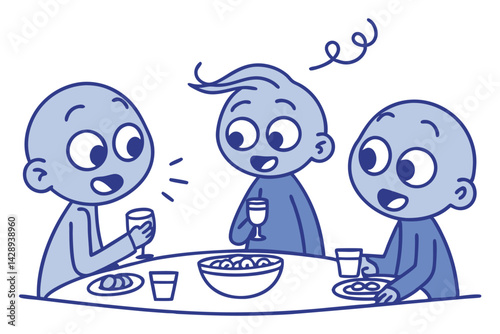 Cartoon People Having a Dinner Party: Illustration of Friends Eating and Drinking Together.