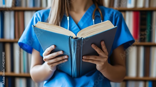 In the background of a modern library with shelves of books and medical literature, a medical professional in scrubs can be seen reading a book