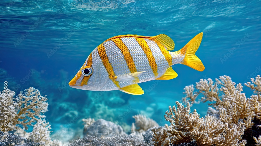 Fototapeta premium Striped tropical fish swimming in clear blue ocean with coral reef below