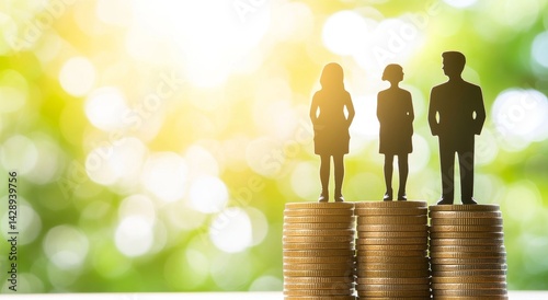 The disparity in wages and salary between men and women in their careers and at work is highlighted by the contrast between a businessman standing on a tall stack of coins and a businesswoman on a