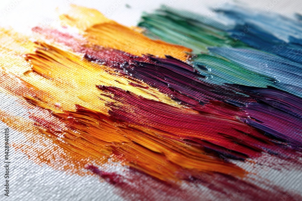Fototapeta premium Close-up of Vivid Brush Strokes on Canvas Showcasing Vibrant Acrylic Paint Textures and Patterns