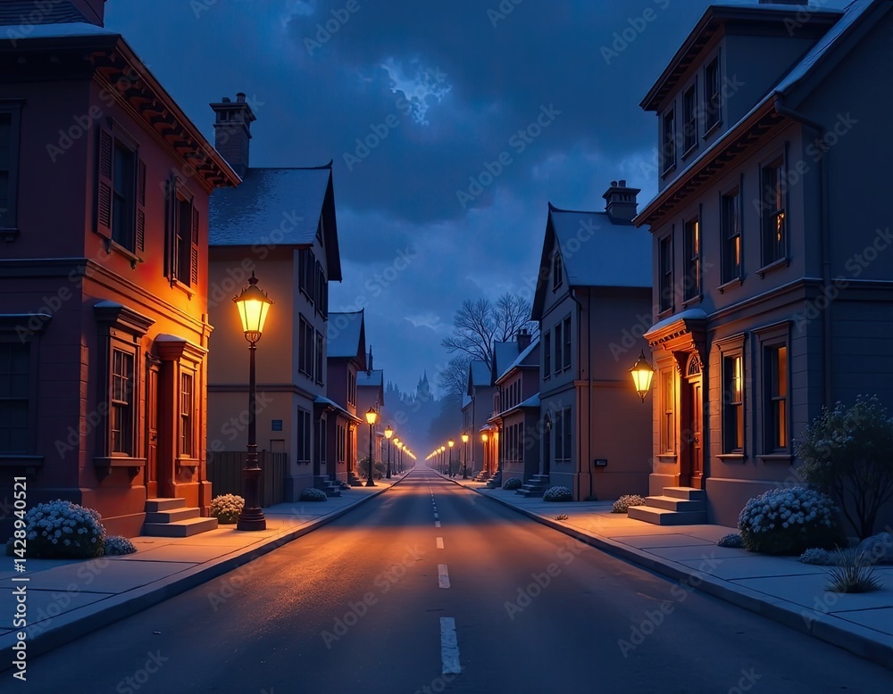 Snowy Winter Night Street Scene, Charming Town, Cozy Houses, Illuminated Streets