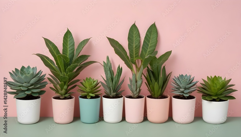 Fototapeta premium A selection of potted succulents and lush green plants arranged against a pink backdrop.