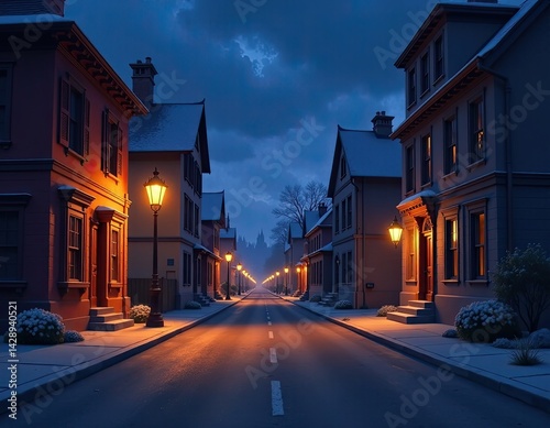 Obraz na płótnie Snowy Winter Night Street Scene, Charming Town, Cozy Houses, Illuminated Streets w salonie