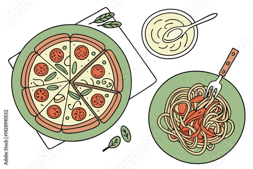 33 Illustration of two dishes on green plates, colorful cartoon food, top-down view, simplified shapes, vibrant colors, pizza with toppings, pasta with sauce, stylized food art, clean vector style, wh