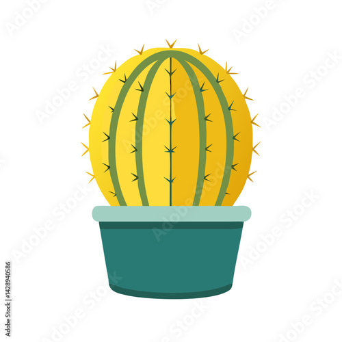 Isolated Yellow Barrel Cactus in Teal Pot Illustration